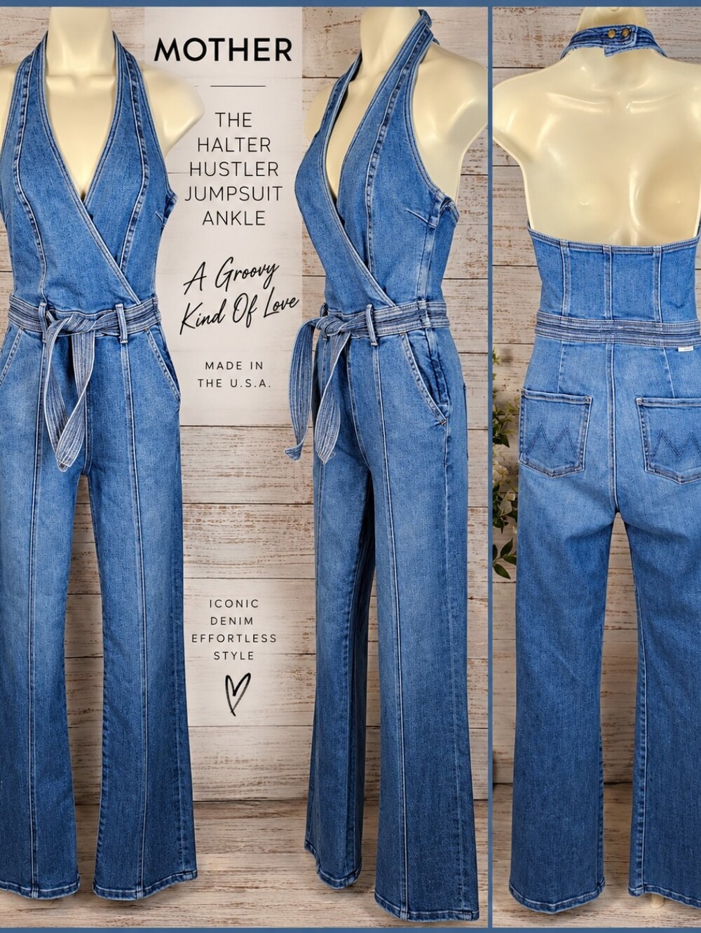 MOTHER Halter Hustler Denim Jean Jumpsuit Ankle 24 A Groovy Kind of Love